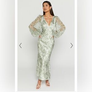 FREOLLYN MIDI DRESS - DEEP V NECK LONG SLEEVE DRESS IN SAGE